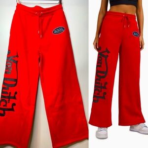 Von Dutch Red Wide-Leg Logo Sweatpants